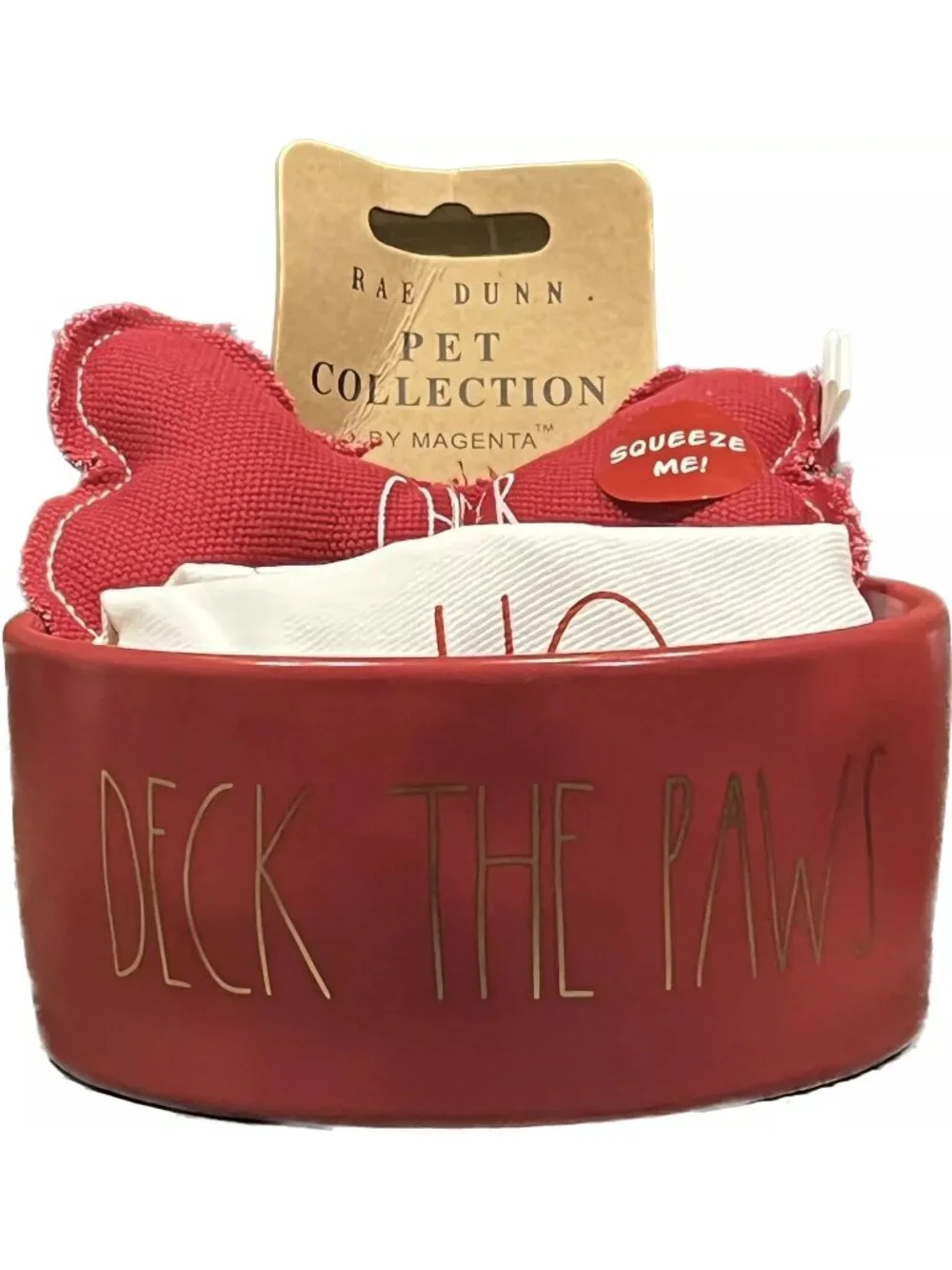 Rae Dunn Dog Food Bowl Christmas Gift Set “DECK THE PAWS” W/ Pet Bandanna & Toy